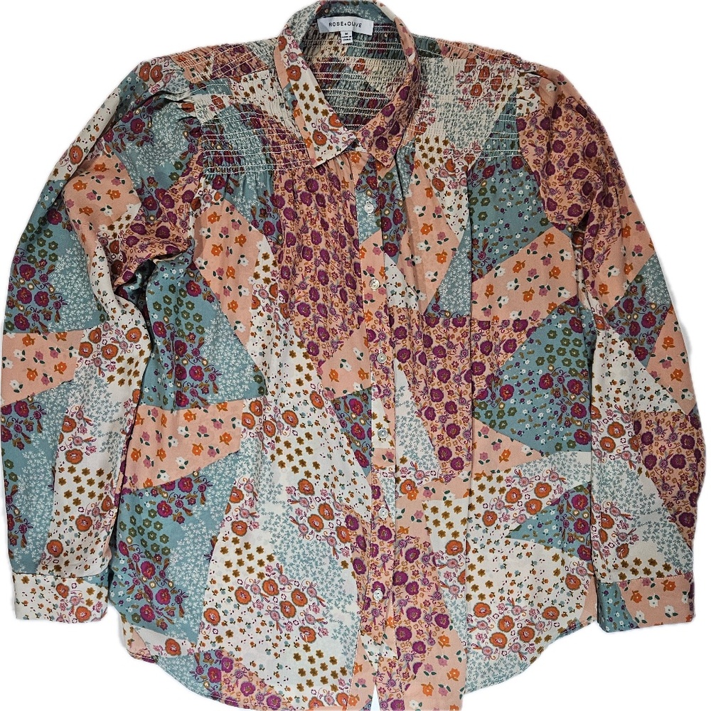 Rose + Olive Shirt Womens Medium Floral Patchwork Button Up Long Sleeve Boho Top